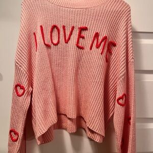 moon & madison Pink Sweater with Red 'I Love Me' Design